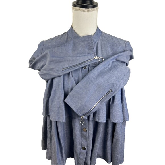 Zara Blue Ruffle Tiered Layered 3/4 Sleeve Snap Front Blouse Size S Boho - Picture 7 of 10